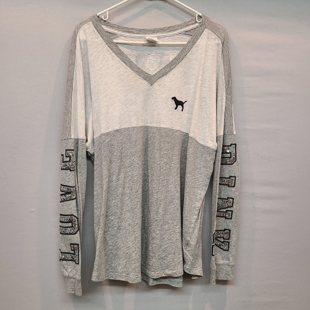PINK Victorias Secret Shirt Gray Long Sleeve Sequins V Neck VS Womens Large